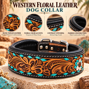 Collar de Cuero para Perro con Diseño Floral Turquesa, Acolchado, Estilo Western |   Collar para Perro Cosido a Mano con Hebilla Ajustable - Product Image 5