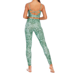 Green Tie Dye Yoga Set High Waist Leggings Crop <b>Top</b> 2 Piece Activewear Full Length Spaghetti Strap Scoop Neck Sportswear - Product Image 3
