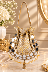 Bolso Potli de Lujo con Cuentas y Cadenas para Mujer |   Bolso de mano de noche de moda casual para boda con trabajo de perlas y espejos - Product Image 2