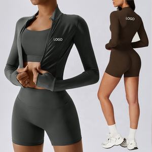 Ensemble de sport 3 pièces pour femme à séchage rapide, respirant et uni : Legging, veste de compression à manches longues et brassière de sport pour le yoga et la gym - Product Image 2