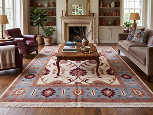 DECORDEC Tapis Oushak Moderne en Laine Écologique, Tufté à la Main, Bleu Ivoire Rouille, Motif Géométrique Botanique, Bordure Palmette et Vigne - Product Image 3