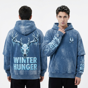 Sweat à capuche Winter Hunger motif Crâne de cerf 400GSM Bleu Glace Effet vieilli Streetwear Homme Motif 'Cold Bites' Style à double manche Vêtement personnalisé - Product Image 1