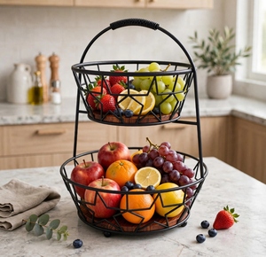 Support à fruits en métal à 2 niveaux avec motif étoile, base en bois, revêtement noir, organisateur de cuisine moderne multifonctionnel - Product Image 2