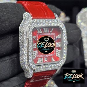 ICE LOOK นาฬิกาควอทซ์ทรงสี่เหลี่ยมหรูหราสายหนังสีแดงฝังเพชรตัวเรือนแสดงวันที่แบบอะนาล็อกสำหรับทุกเพศ 38 มม. - Product Image 2