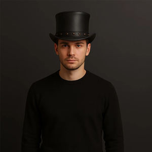 Top Black Hat Cowhide Leather Steampunk with Studded <b>Band</b> Bold Western Gothic Outdoor Casual Party Four Seasons Plain Leather - Product Image 4