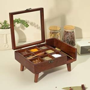 Handcrafted 9-Compartment <b>Square</b> Wooden <b>Table</b> Top Masala Dabba Spice Containers with Spoon Dishwasher Safe <b>Kitchen</b> Box - Product Image 3