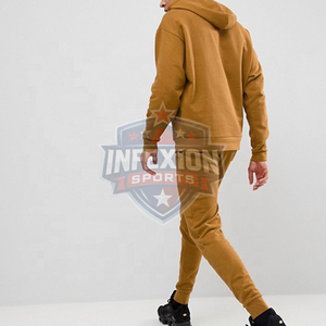 Ensemble survêtement homme moutarde à capuche, couleur unie, décontracté, avec sweat-shirt et pantalon long, poches latérales et cordon de serrage - Product Image 3