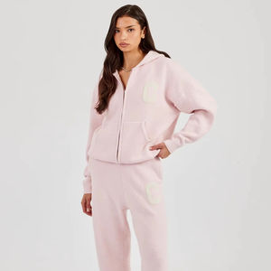 Custom Women's Winter Solid Blush <b>Pink</b> Short <b>Tracksuit</b> Full Zip Hoodie Jogger Set Cotton Fleece Casual Activewear Loungewear - Product Image 1