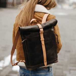 Full Grain <b>Leather</b> Roll Top <b>Backpack</b> <b>Large</b> Capacity Outdoor Travel Rucksack Vintage Handmade Daypack LRTB-0141B - Product Image 1