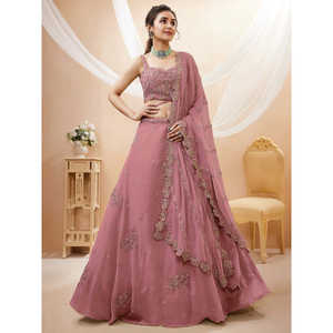 Pretty Dusty Pink Lentejuelas Georgette Lehenga Choli con Dupatta Vestidos de noche elegantes - Product Image 1