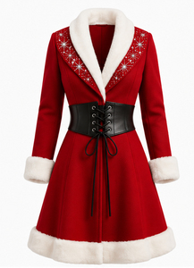 MAKTRA Robe Manteau Rouge de Noël pour Femme avec Bordure en Fausse Fourrure, Dentelle Strassée, Taille Corset, Imperméable, pour Fêtes de Noël et d'Hiver, Vente en Gros - Product Image 6