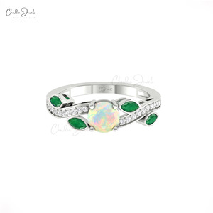 Verified Suppliers 6mm Round Cut <b>Opal</b> & Emerald Floral <b>Ring</b> 14k Solid Gold Diamond Accent Twisted <b>Ring</b> for Engagement Gift - Product Image 3