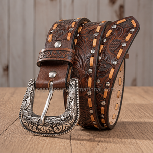 Vintage Western Floral Tooled Leather <b>Belt</b> for Men with Antique <b>Silver</b> Pin <b>Buckle</b> - Product Image 3