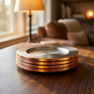 Assiette à dîner artisanale en acier satiné SS304 avec bordure en cuivre, 27 cm, bande en cuivre Tamra pour la décoration de la maison, utilisation hôtelière, style design moderne - Product Image 2
