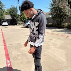 Sweat à capuche court pour hommes avec fermeture éclair graphique personnalisé vintage broderie patchwork poids lourd avec appliques lavées à l'acide 80% - Product Image 3