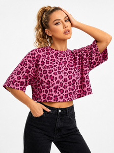 2026 Trendy Leopard Print Crop <b>Top</b> T-Shirt Crew Neck Short Sleeve Women's Shirts Boxy Fit Cheetah Animal Print Summer Streetwear - Product Image 4