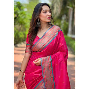 Sari en soie Paithani rose Elite Weaves, tissé avec un motif contrasté en zari, vêtements indiens et pakistanais - Product Image 2