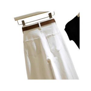 Jeans de Mezclilla Blancos de Cintura Alta y Pierna Recta, Estilo Casual de Verano, Corte Regular, Peso Medio, con Bolsillos - Product Image 1