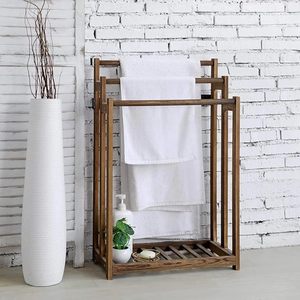 Handcrafted <b>Wooden</b> Freestanding Towel Rack with Storage Shelf Rustic Bathroom Towel <b>Holder</b> <b>Blanket</b> Stand Organizer - Product Image 1