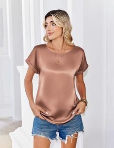 Blusa de Satén para Mujer, Estilo Casual de Negocios, Manga Corta, Cuello Redondo, Camiseta de Seda, Ropa de Verano - Product Image 5