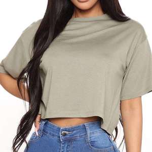 Women's Cropped T-Shirt Short Sleeve O-Neck Loose Fit Cotton Jersey Casual Solid Color Spring Summer <b>Top</b> - Product Image 2