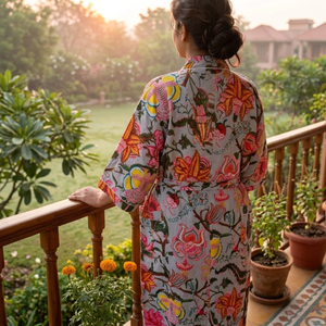 Bata Kimono de Algodón Gris con Estampado Floral, Cuello en V, Ropa de Dormir con Bolsillo con Cordón, Manga Larga, Ropa de Estar por Casa para Mujer, Artisan Maria Garments - Product Image 3