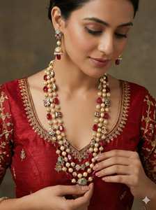 Fabricante y Mayorista Indio de Conjuntos de Collar y Pendientes Mala de Latón con Cuentas Finas, Chapado en Oro Antiguo, con Perlas de Imitación Verdes y Rojas - Product Image 4