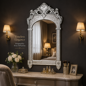 Luxury Venetian Arched <b>Mirror</b> with Ornate Crown Crest Top and Pillar Frame Floral Etched Antique Decorative <b>Wall</b> <b>Mirror</b> for Home - Product Image 5