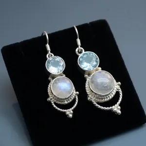 Boucles d'oreilles pendantes en argent sterling 925 avec pierre de lune arc-en-ciel et topaze bleue, bijoux vintage faits à la main en pierres précieuses - Product Image 4