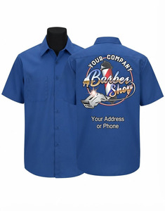 Chaqueta de Barbero de Sarga de Polialgodón Premium 200 GSM Azul Rey, Camisa de Trabajo de Manga Corta con Logotipo Personalizado por Transferencia Térmica - Product Image 1