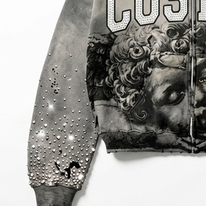 Sweat à capuche zippé streetwear entièrement personnalisé, finition délavée vintage, imprimé graphique, orné de strass, effet vieilli, en coton épais, unisexe - Product Image 3