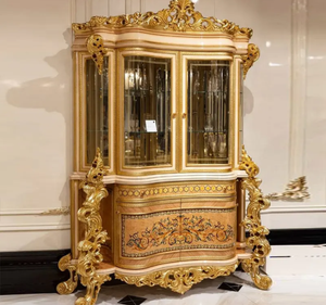 Ensemble de table à manger en teck massif doré royal de luxe, sculpté à l'ancienne, écologique, pour hôtel, villa, meubles de salle à manger - Product Image 3