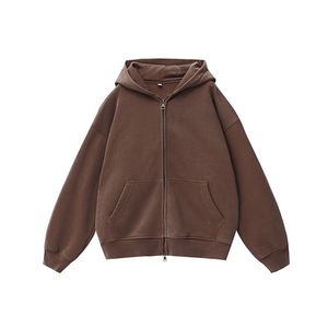 เสื้อฮู้ดซิปผู้ชายทรงโอเวอร์ไซส์ สีพื้น ผ้าฟลีซ สวมใส่สบายๆ สำหรับฤดูใบไม้ร่วง ทรงปกติ ผ้าฝ้ายถัก - Product Image 4