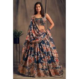 ORGANZA DE DISEÑADOR CON IMPRESIÓN DIGITAL BORDADO SECUENCIA TRABAJO LEHENGA CHOLI CON DUPATTA AZUL MARINO - Product Image 1