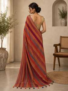 Sari Tradicional Indio de Algodón para Mujer, Largo Regular, a Rayas, para Bodas, Color Naranja, Rojo y Morado, Estilo Étnico Bollywood - Product Image 3