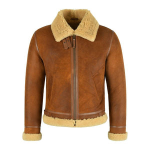 <b>Men's</b> Genuine Leather Bomber <b>Jacket</b> with Sherpa Lining Turn-down Collar Zipper Closure Autumn Moto Style Front Logo Customizable - Product Image 1