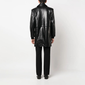 Customized Genuine Leather Long Trench Coat Men Winter Windproof Notched Collar Full Sleeve Motorcycle <b>Jacket</b> Black Solid Color - Product Image 2