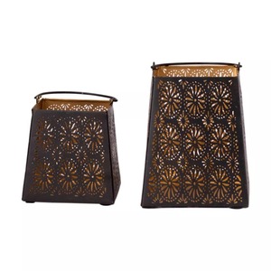 Iron <b>Lantern</b> <b>Set</b> With Floral Cutouts Black And Gold Home Decoration Durable Outdoor Indoor Use - Product Image 3