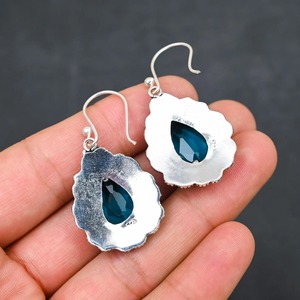 Boucles d'oreilles pendantes en topaze bleue, argent sterling 925, style antique, bijoux faits à la main - Product Image 2