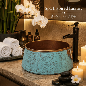Handcrafted Copper Vessel Wash <b>Basin</b> with Turquoise Hammered Finish Luxury Countertop Bathroom Sink Premium Bathroom wash <b>basin</b> - Product Image 4