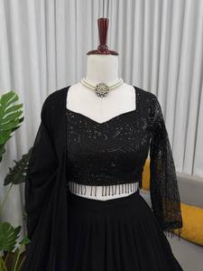 ชุดเลเฮนกา โจลี ดูปัตตา ผ้าจอร์เจตต์สีดำ ปักเลื่อม สำหรับงานแต่งงานและงานปาร์ตี้ สำหรับผู้หญิง - Product Image 5