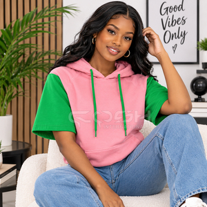 Sudadera Corta con Capucha de Color Rosa y Verde de la Hermandad de la Sororidad Cosh International, Sudadera Informal de Manga Corta con Logotipo Personalizado - Product Image 4