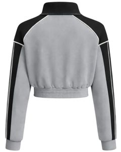 Grey Black Women Cropped Track <b>Jacket</b> <b>Zip</b> <b>Up</b> Sports <b>Jacket</b> Fitness Gym Activewear Contrast Stripe Training <b>Jacket</b> Manufacturer - Product Image 2