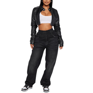 Women's PU <b>Leather</b> Moto <b>Jacket</b> Cropped Zipper Front Turn-down Collar Full Sleeve Solid Color Autumn Style - Product Image 1