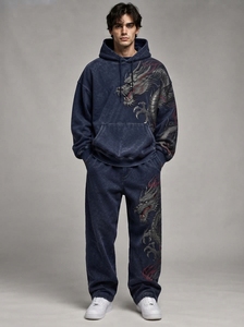 Conjunto Deportivo de Dos Piezas para Hombre, Sudadera con Capucha Extra Grande con Estampado de Dragón Azul Marino, Pantalones Deportivos, Estilo Urbano Apex - Product Image 3