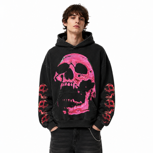 Sudadera con Capucha Oversize Unisex Negra Lavada Estilo Vintage con Gráfico de Calavera Estampado en Serigrafía, de Forro Polar Pesado de Algodón/Poliéster - Product Image 4