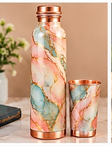 <b>Vintage</b> Copper Water <b>Bottle</b> with Cup Set Floral Bird Engraved Pattern Portable Lid Drinkware - Product Image 4
