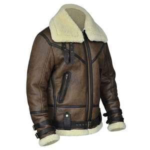 Mens Brown Aviator <b>Jacket</b> <b>Shearling</b> Fleece Lined <b>Bomber</b> <b>Jacket</b> Winter Warm <b>Jacket</b> Men Sheepskin Leather <b>Jacket</b> Stand Collar Zip - Product Image 2