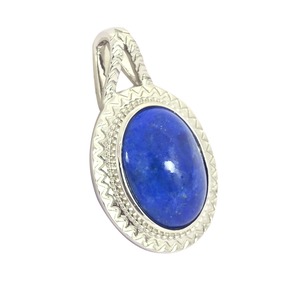 Pendentif goutte d'eau ovale en lapis-lazuli plaqué rhodium en argent sterling 925 de luxe avec bordure tribale gravée - Product Image 2