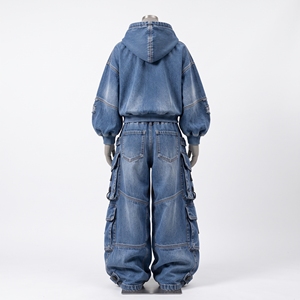 <b>Womens</b> Blue Washed Denim Hoodie And <b>Baggy</b> Cargo <b>Jeans</b> Set Oversized Cropped Sweatshirt Multi Pocket Streetwear Wholesale OEM - Product Image 3